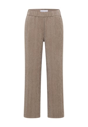 Pantaloni dritti bronzo a zigzag con vita elastica e senza chiusure visibili.
