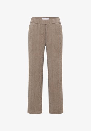 Pantaloni dritti bronzo a zigzag con vita elastica e senza chiusure visibili.