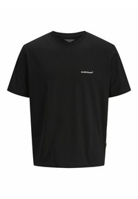 Sort bomulds-T-shirt med rund hals, korte ærmer og et lille hvidt logo på venstre bryst. Lige kant og normal pasform.