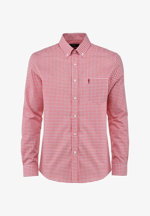 Czerwona i biała koszula w kratę, z długimi rękawami, kołnierzykiem, pojedynczą kieszenią na piersi, wykonana z gładkiej mieszanki bawełny.