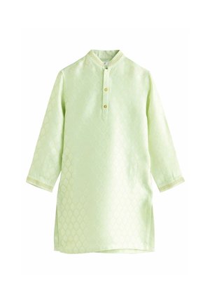 Hellgrünes Kurta mit subtilen Diamantmustern, Mandarin-Kragen und drei goldenen Knöpfen. Verfügt über Stickereien an den Ärmeln.