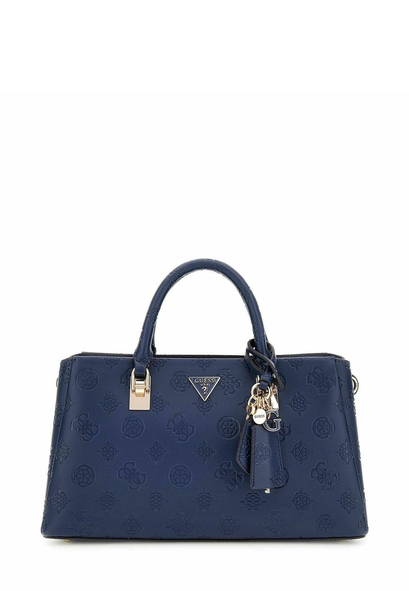 Borsa a tracolla sintetica blu navy con motivi in rilievo, hardware dorato, doppi manici e un accento di portachiavi decorativo.