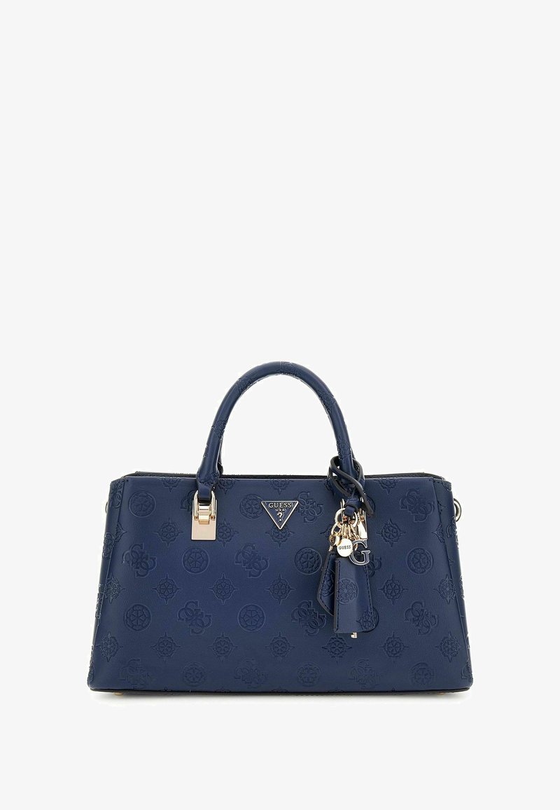 Borsa a tracolla sintetica blu navy con motivi in rilievo, hardware dorato, doppi manici e un accento di portachiavi decorativo.