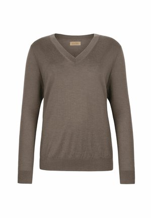 Brązowy sweter z długim rękawem w serek, z prążkowanymi mankietami i dołem, wykonany z delikatnego, gładkiego materiału.