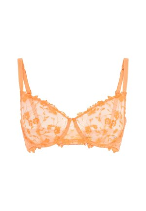 Oranje doorschijnende bh met bloemenborduursel, beugelondersteuning, kantafwerking en verstelbare bandjes. Heeft een delicate, lichte ontwerp.