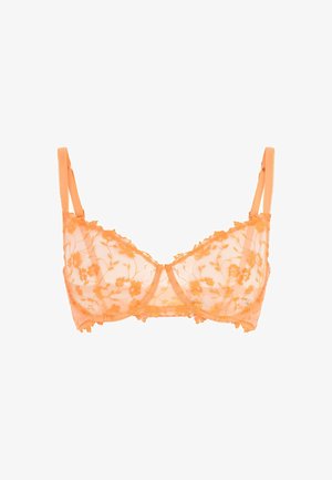 Soutien-gorge orange transparent avec broderie florale, soutien-gorge à armatures, bordure en dentelle et bretelles réglables. Présente un design délicat et léger.