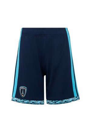 Marineblauwe sportshort met lichtblauwe zijstrepen, Paris FC-logo op het linkerbeen en een patroonrand aan de zoom.