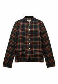 Plaid jacket in navy, green, and red hues, featuring a mandarin collar, gold buttons, two front pockets, and a fitted silhouette.