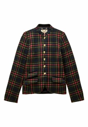 Plaid jacket in navy, green, and red hues, featuring a mandarin collar, gold buttons, two front pockets, and a fitted silhouette.