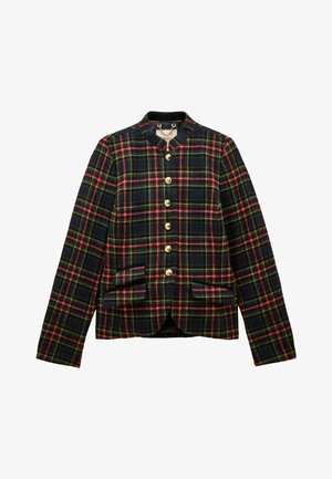 Plaid jacket in navy, green, and red hues, featuring a mandarin collar, gold buttons, two front pockets, and a fitted silhouette.