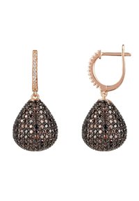 Rose gold drop earrings with a textured, filigree design, featuring dark stone accents and a secure hinge closure.