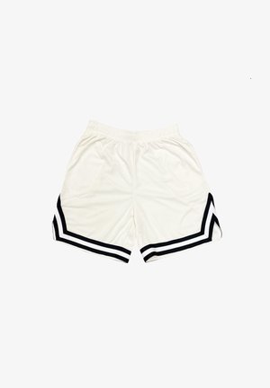 Valged sportlikud lühikesed püksid kergest kangast, millel on mustad külgribad ja kontrastne chevron-muster allääres. Elastaaniga vöökoht.