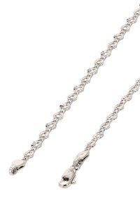 Sølvfarvet kædetyk med ovale led, der har et struktureret design. Udstyret med en sikker hummerkrog i den ene ende.