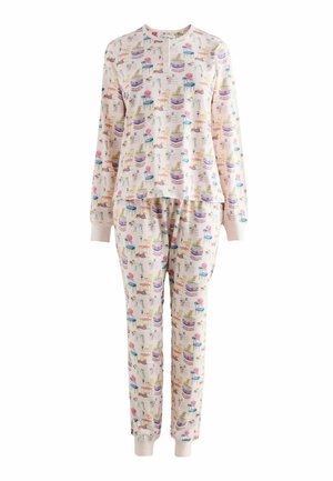 Krēmkrāsas garroku pidžama ar krāsainiem suņu, krēslu, galdu un kūku rakstiem, ar ribotām aprocēm uz piedurknēm un biksēm.