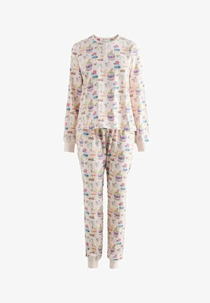 Pijamale cu mâneci lungi, de culoare crem, cu imprimeuri colorate cu câini, scaune, mese și prăjituri, având mansete tivite pe mâneci și pe pantalon.