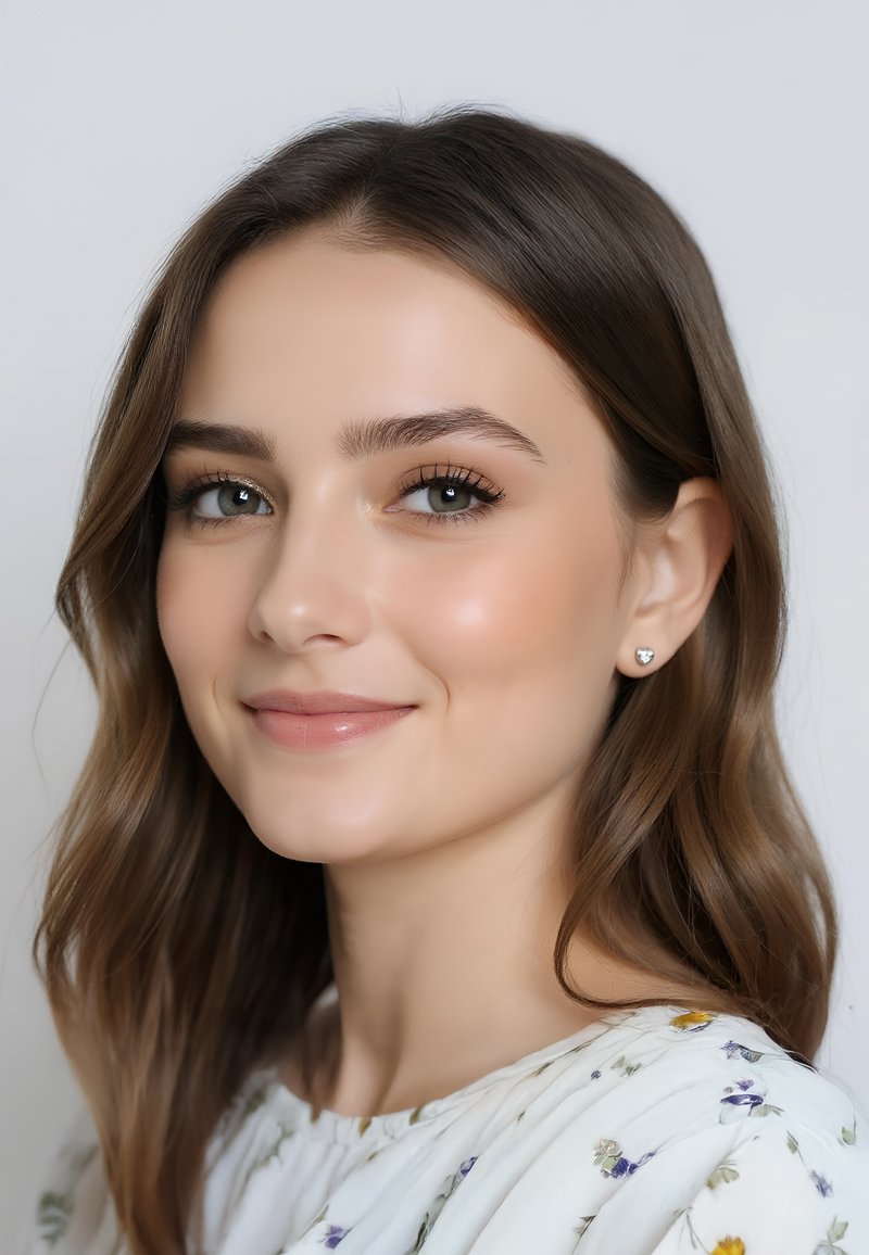 Silberne herzförmige Ohrringe schmücken ein Modell mit welligem, braunem Haar. Sie trägt eine blumige, hellfarbige Bluse mit kleinen, bunten Mustern.