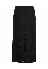 Falda midi negra con un diseño de punto texturizado y estampado, con una cinturilla elástica y abertura lateral para facilitar el movimiento.