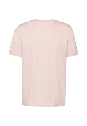 Jasnoróżowy t-shirt z krótkim rękawem i okrągłym dekoltem, o prostym, jednolitym wzorze i luźnym kroju, prezentowany na białym tle.