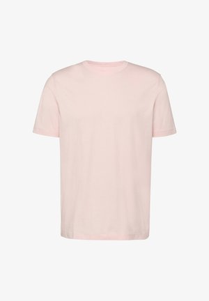 Jasnoróżowy t-shirt z krótkim rękawem i okrągłym dekoltem, o prostym, jednolitym wzorze i luźnym kroju, prezentowany na białym tle.