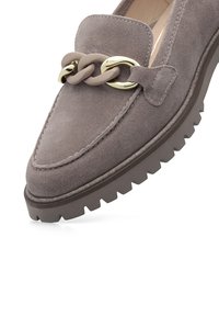 Taupe suede loafer with chunky rubber sole and decorative chain link in matte taupe and shiny gold on vamp.