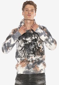 Kapuzensweatshirt in Grau, Weiß und Orange mit Batikmuster, featuring ein schwarzes Schädel-Graphic und Ketten. Rippbündchen und Saum.