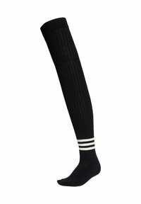Black knee-high sock with vertical ribbing, featuring three white horizontal stripes at the top and a smooth, soft texture.