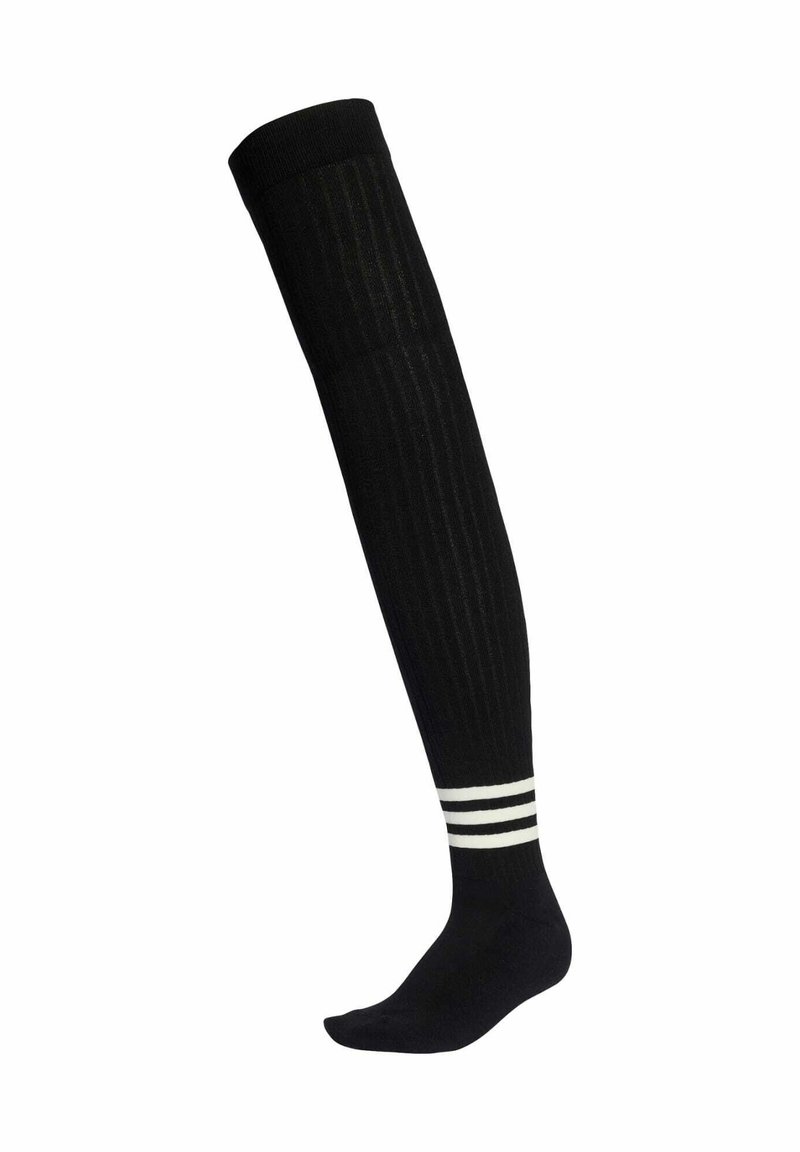 Black knee-high sock with vertical ribbing, featuring three white horizontal stripes at the top and a smooth, soft texture.