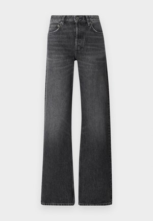 Schwarze Denim-Jeans mit hoher Taille und weitem Bein. Verfügt über fünf Taschen und eine subtile verbleichte Textur mit kontrastierenden Nähten.