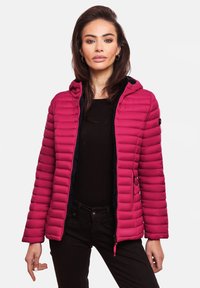 Fuchsia puffer jacket with a hood, quilted design, front zipper, and side pockets. Interior features a contrasting dark lining.