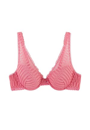 Roze kanten beha met beugelondersteuning en ingewikkelde bloemen- en geometrische patronen, voorzien van geschulpte randen aan de bandjes en het elastiek.
