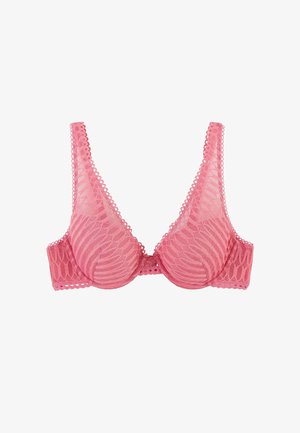 Roze kanten beha met beugelondersteuning en ingewikkelde bloemen- en geometrische patronen, voorzien van geschulpte randen aan de bandjes en het elastiek.