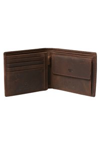 Brown leather wallet with multiple card slots, a zippered compartment, and stitched edges. The interior is slightly textured.
