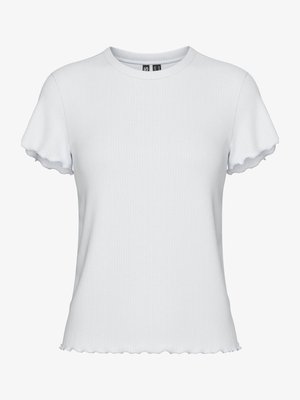 Hvid ribbet kortærmet t-shirt med rund halsudskæring og bølgede kanter. Fremstillet af et blødt, strækbart materiale for komfort.