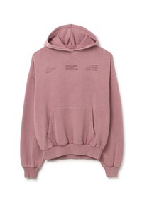 Felpa oversize rosa in tessuto morbido, con tasca frontale e orlo a costine. Grafica testuale sul petto con i nomi di varie città.