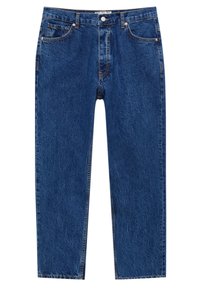 Jean en denim bleu droit avec cinq poches et fermeture par boutons, avec surpiqûres orange et rivets métalliques.