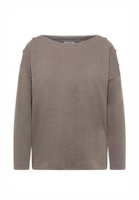 Hellbrauner Pullover aus strukturiertem Stoff, mit einem weiten Ausschnitt und langen Ärmeln, die einzigartige Knopfakzente an den Schultern aufweisen.
