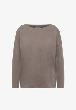 Maglione marrone chiaro realizzato in tessuto testurizzato, con un ampio scollo e maniche lunghe decorate da bottoni unici sulle spalle.