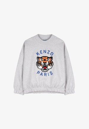 Sweat-shirt gris avec un graphisme de tigre orange et noir, avec « KENZO » en bleu au-dessus et « PARIS » en dessous, ourlet et poignets froncés.