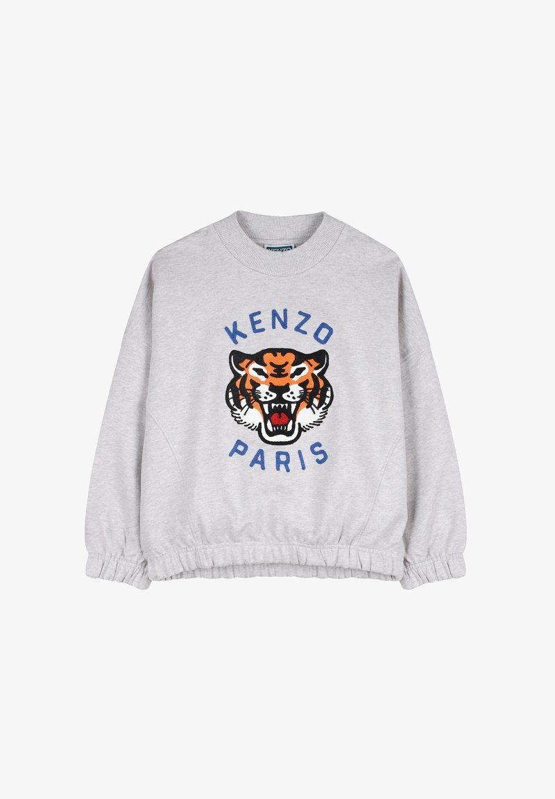 Szara bluza z nadrukiem tygrysa w kolorach pomarańczowym i czarnym, z napisem "KENZO" na niebiesko u góry i "PARIS" poniżej, ze ściągaczami na dole i przy mankietach.
