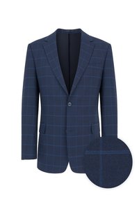 Granatowa marynarka w kratę w jasnoniebieskim kolorze, z jednoprzyciskowym zapięciem, kołnierzem z klapami, dwiema przednimi kieszeniami oraz inkrustacją z fakturowanej tkaniny.