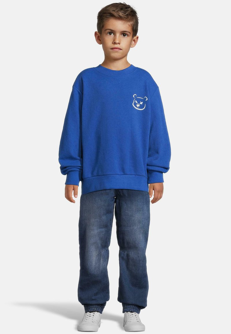 Blå bomullströja med långa ärmar och ribbade muddarna, med en vit björnmotiv på bröstet. Bärs tillsammans med denimbyxor och vita skor.