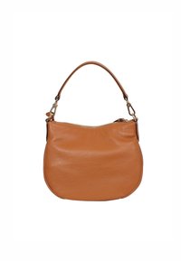 Braune Lederhandtasche mit runder Form, strukturiertem Finish und kurzem Griff. Sie verfügt über einen goldenen Reißverschluss und ein minimalistisches Design.