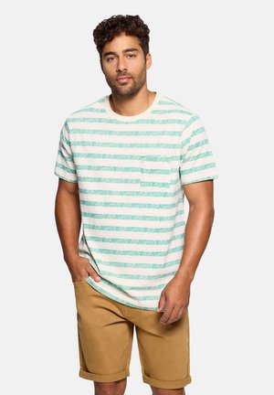 Hombre de cabello rizado que lleva una camiseta blanca con rayas verdes y pantalones cortos color beige, de pie con una mano en el bolsillo sobre un fondo liso.