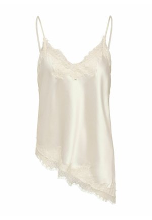 Kremowa satynowa koszulka na ramiączkach z koronkowym wykończeniem na dekolcie i asymetrycznym koronkowym dołem, wyposażona w cienkie ramiączka.