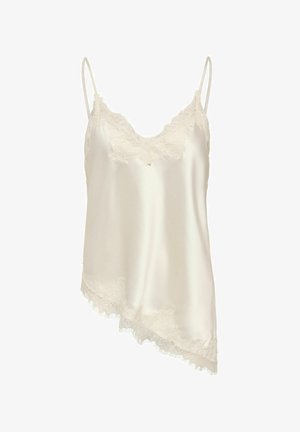 Camisole en satin couleur crème avec bordure en dentelle au niveau de l'encolure et ourlet asymétrique en dentelle, dotée de fines bretelles.
