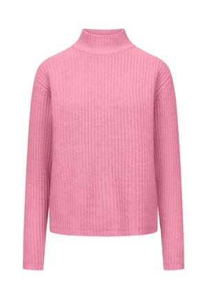 Roze turtleneck trui van textuurstof, met lange mouwen en een relaxte pasvorm. Het geribbelde patroon bedekt het hele stuk.