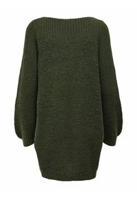 Strickpullover, lockere Passform, dunkelgrüne Farbe, weit herabfallender Rundhalsausschnitt, Dreiviertelärmel, strukturiertes Gewebe und gerippter Saum.