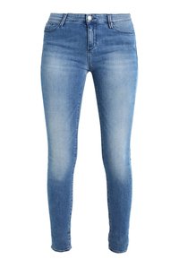 Siniset kapeat farkut denimiä, joissa on korkea vyötärö, viisi taskua ja kuluneet, haalistuneet kohdat käytetyn ilmeen saavuttamiseksi. Klassiset saumat ja metallinen nappi.