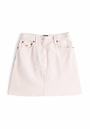 Pink denim skirt featuring a straight cut, front button closure, and two side pockets with metal rivets. Smooth texture and minimalist design.