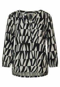 Blusa a maniche lunghe con motivo in bianco e nero, scollo rotondo, tre bottoni e tessuto morbido con una finitura leggermente strutturata.